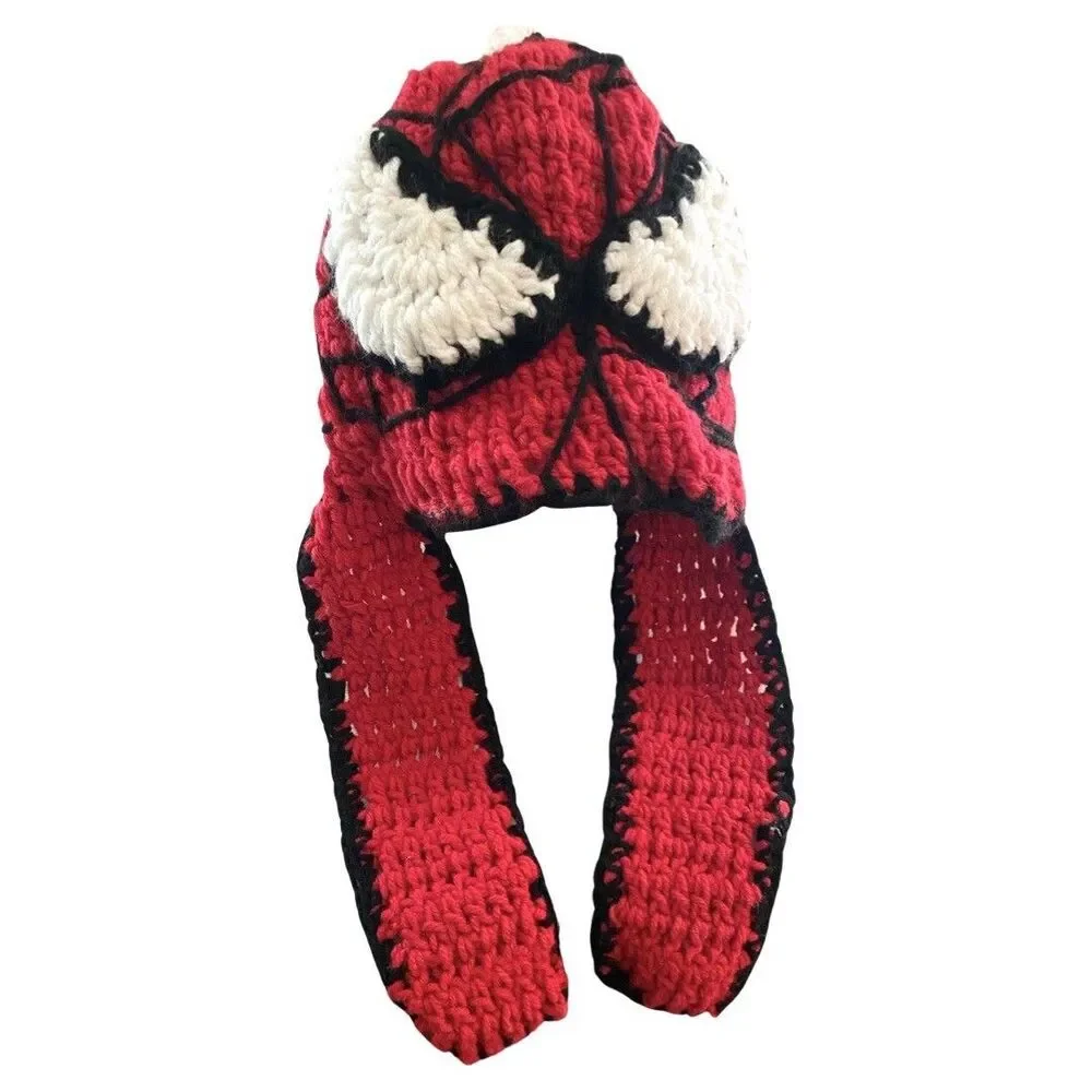 Spider-Man Crocheted Knitted Beanie Youth 6-8 Years Handmade Ear Flaps Webs
